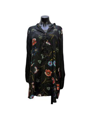 Johnny Was Black Floral Silk Tunic Blouse M
